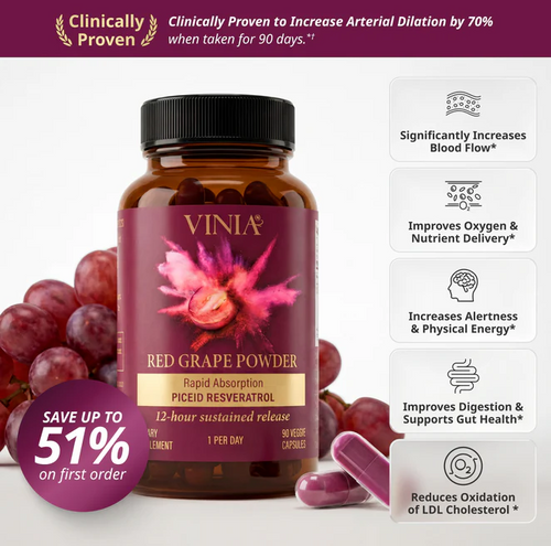 VINIA Piceid Resveratrol Supplement Capsules. Increases Blood Flow and Nitric Oxide. Blood  30 CountPressure and Heart Health Support | Antioxidant from Red Grapes | Non-GMO, 30 Count